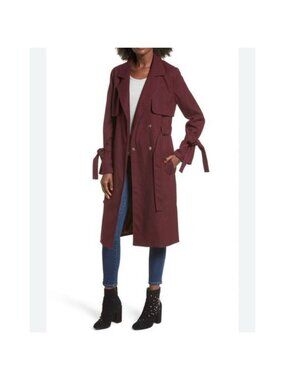 NEW J.O.A Belted Trench Coat S Burgundy Maroon Tie Cuff Double Breasted Utility